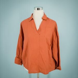 Lintico Size Small S Orange Collared V Neck Lagenlook Linen Cotton Blend Top